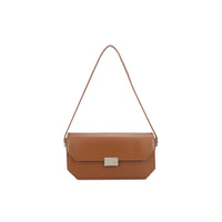 Coffee brown faux leather shoulder bag with flap and thin shoulder strap