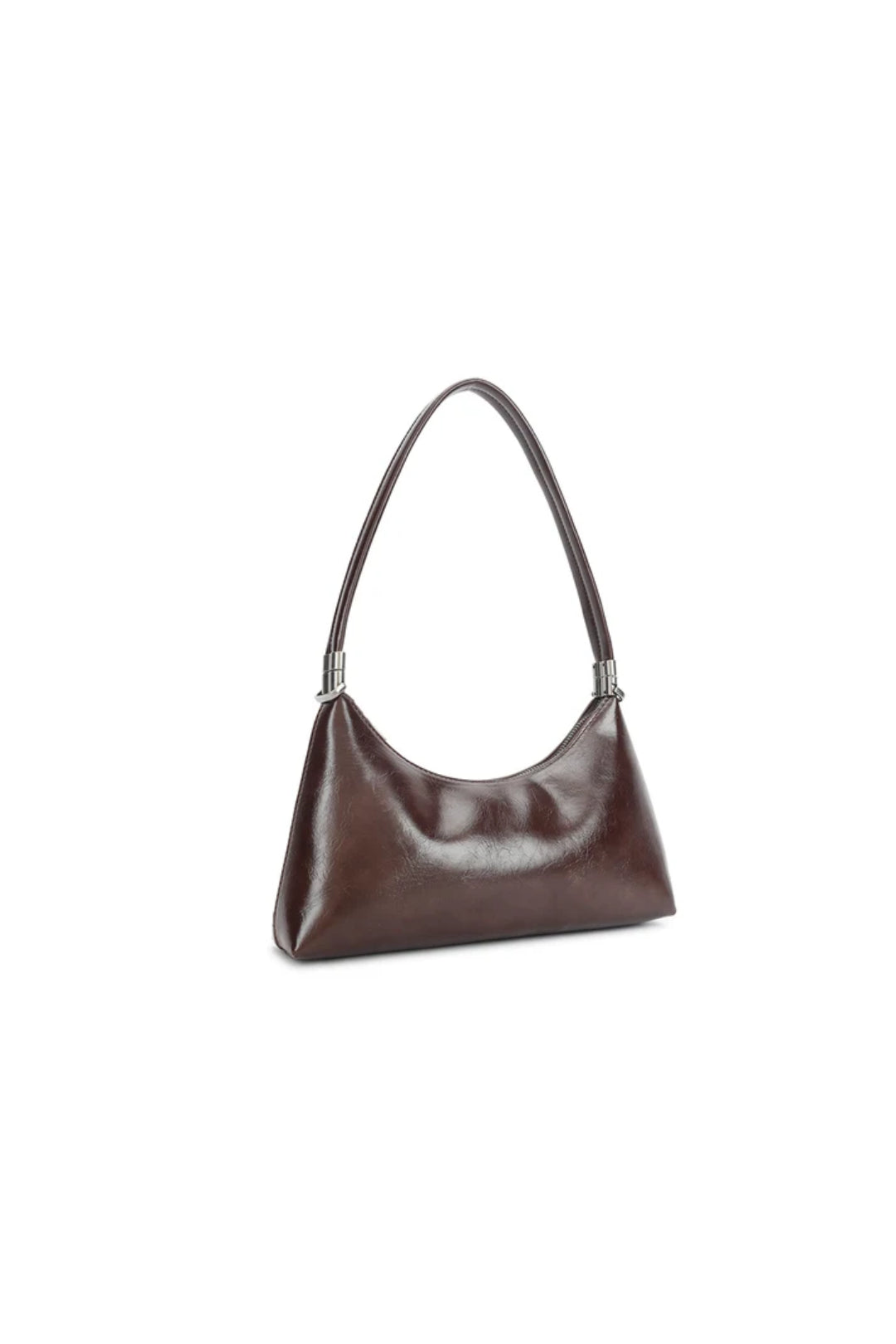 Coffee brown faux leather shoulder bag with curved top handles and gathered front
