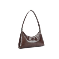 Coffee brown faux leather shoulder bag with curved top handles and gathered front