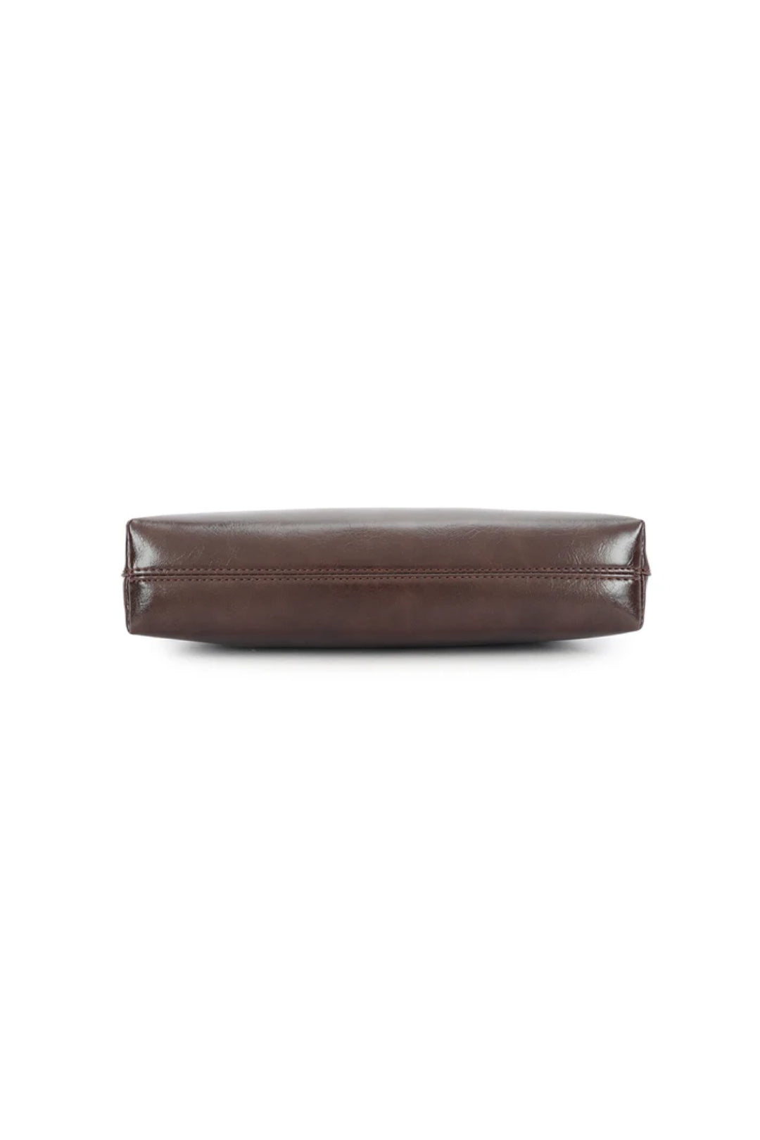 Coffee brown faux leather shoulder bag, side view with top seam and zipper