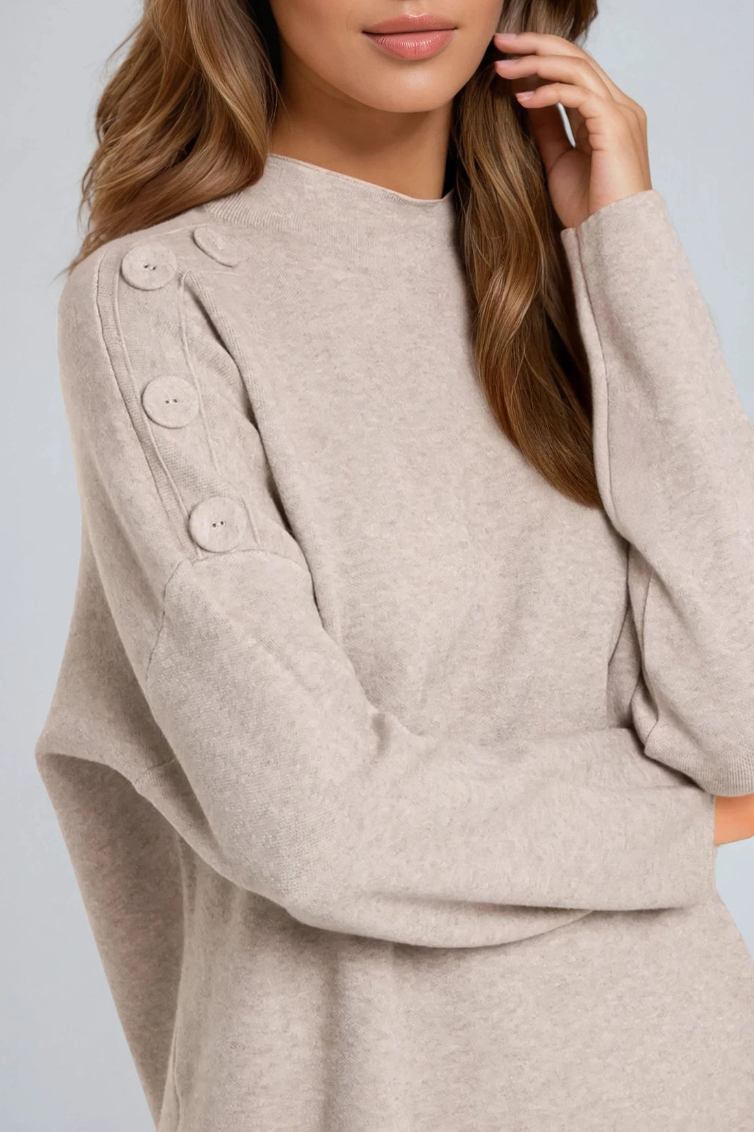Mocha high-neck jumper with three shoulder buttons and ribbed cuffs