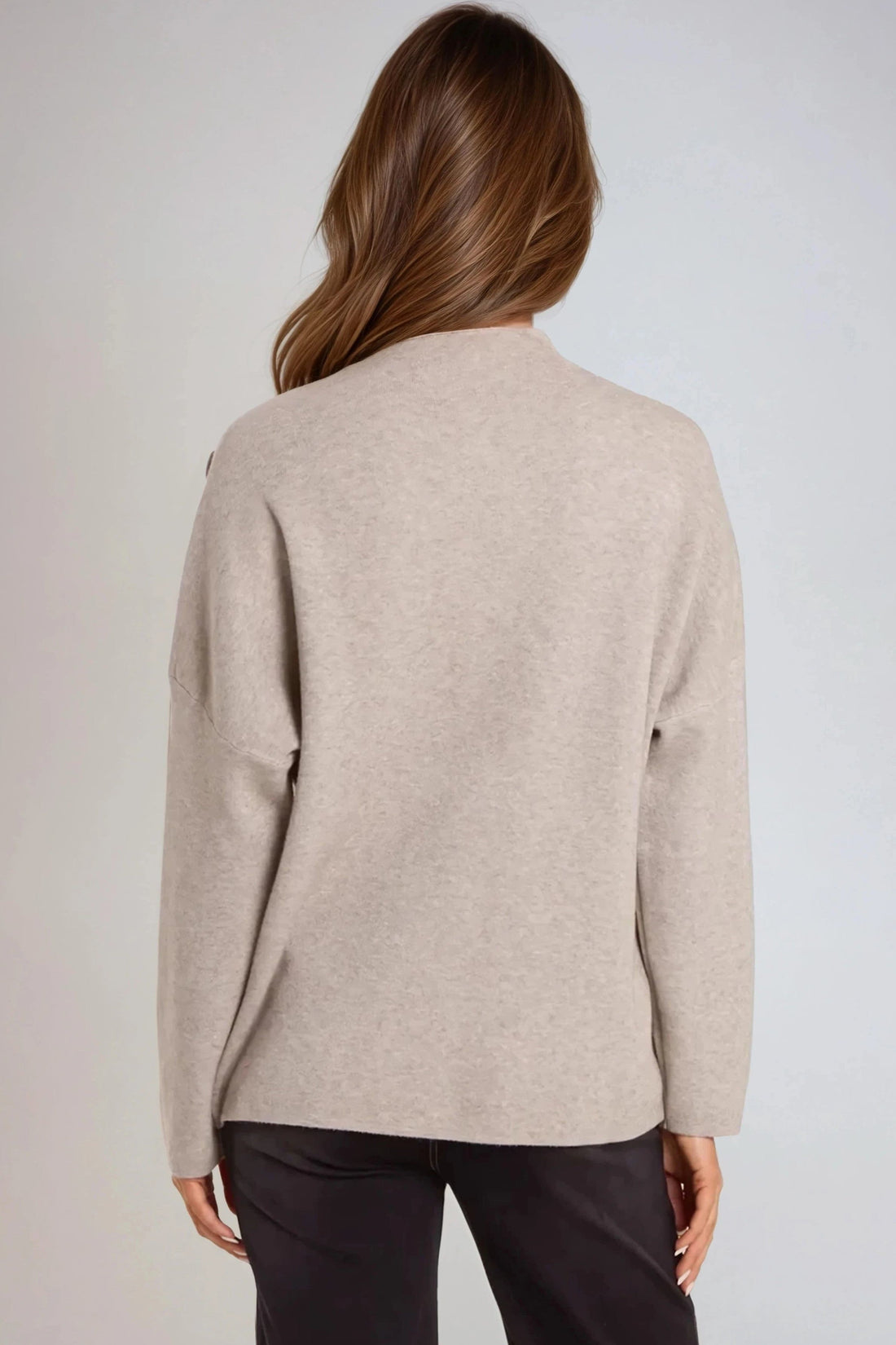 Mocha high-neck jumper, back view with long sleeves and shoulder button detailing