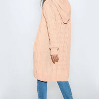 Pink Hooded Cable Knitted Longline Cardigan-3