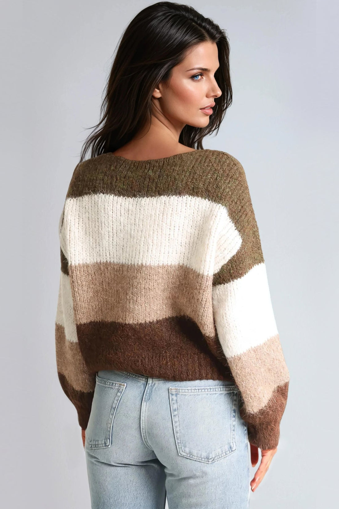 Women’s color-block knit jumper, round crew neck, striped khaki and cream with brown block