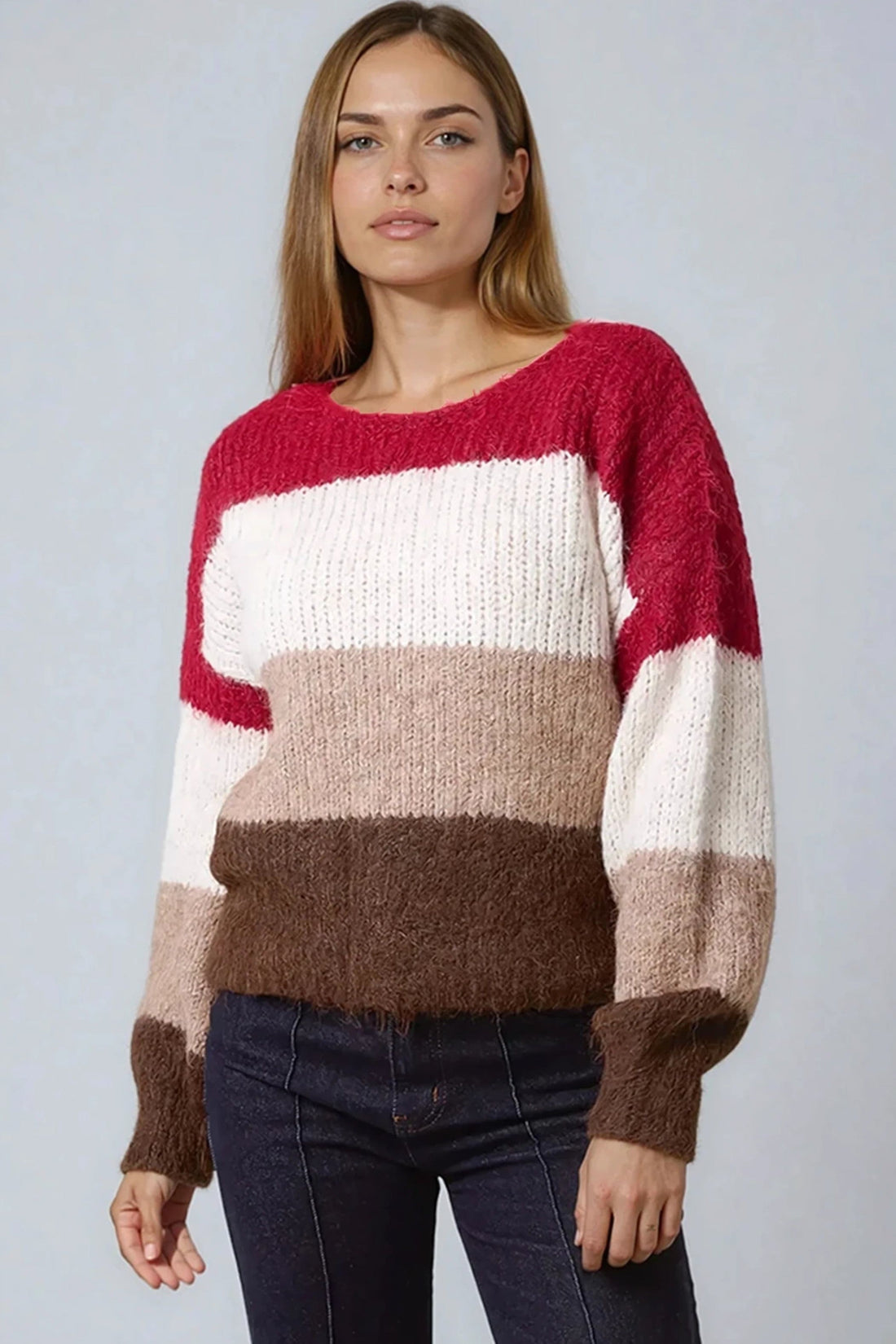 Color-block wool blend jumper in wine, cream, taupe, and brown; crew neck