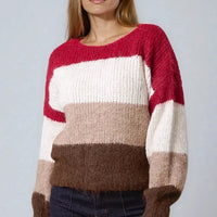 Color-block wool blend jumper in wine, cream, taupe, and brown; crew neck
