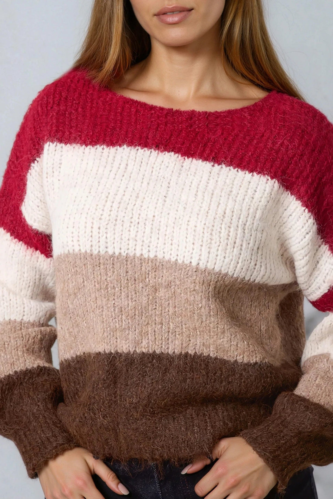 Wool blend jumper with wide colour blocks: wine, cream, and brown; ribbed cuffs