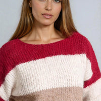 Wool blend crew-neck jumper with wide wine, cream, and taupe striped bands