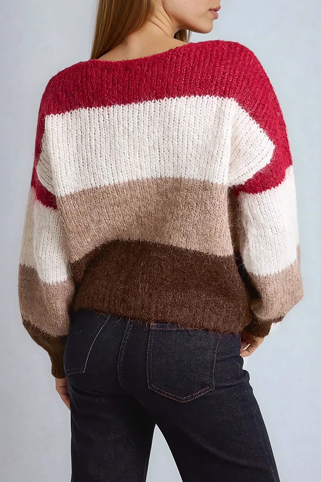 Wool blend crew-neck jumper with colour-block stripes in wine, cream, and brown