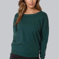 Green fine-knit crew neck jumper with ribbed cuffs and hem
