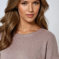 Mocha fine-knit crew neck jumper, long sleeves, close-up neckline detail