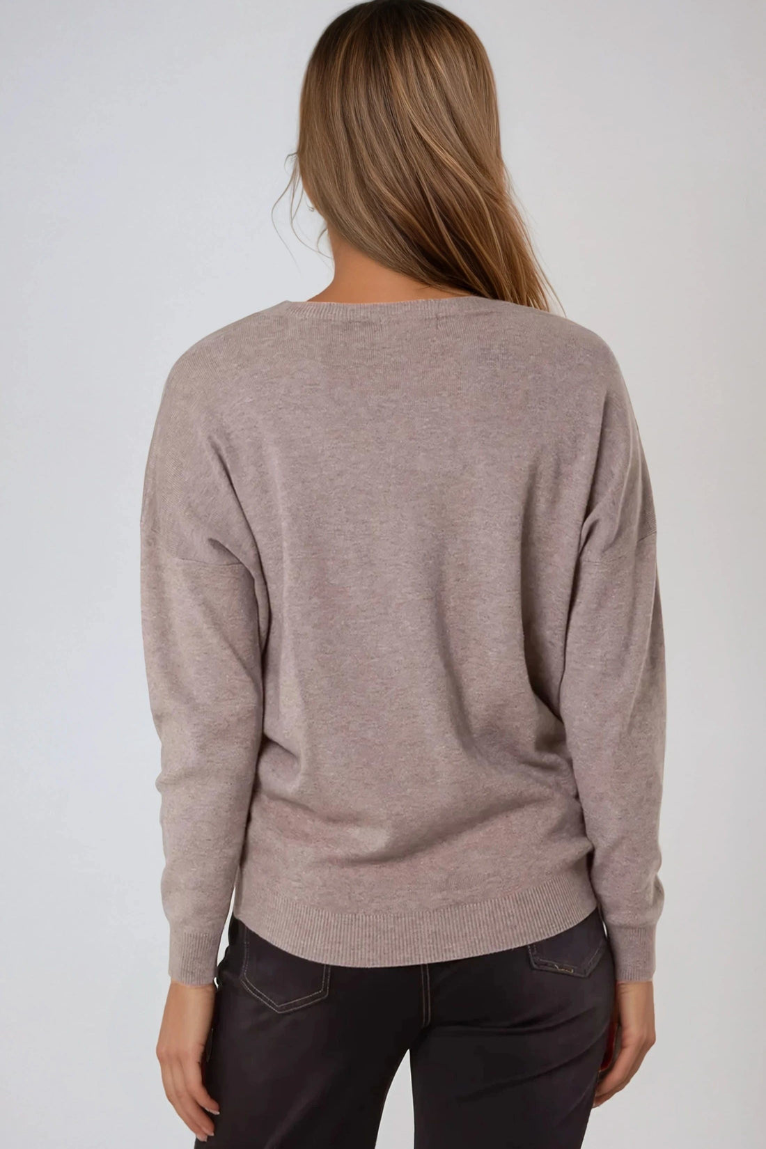 Mocha fine-knit crew neck jumper with long sleeves, back view