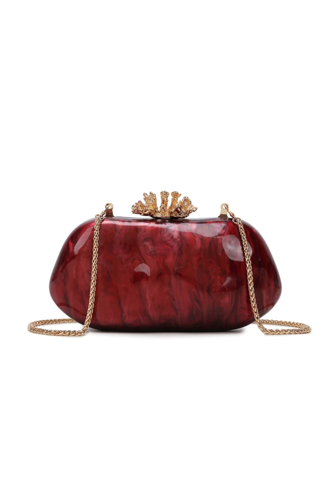 Burgundy box clutch bag with gold coral-inspired clasp and chain shoulder strap