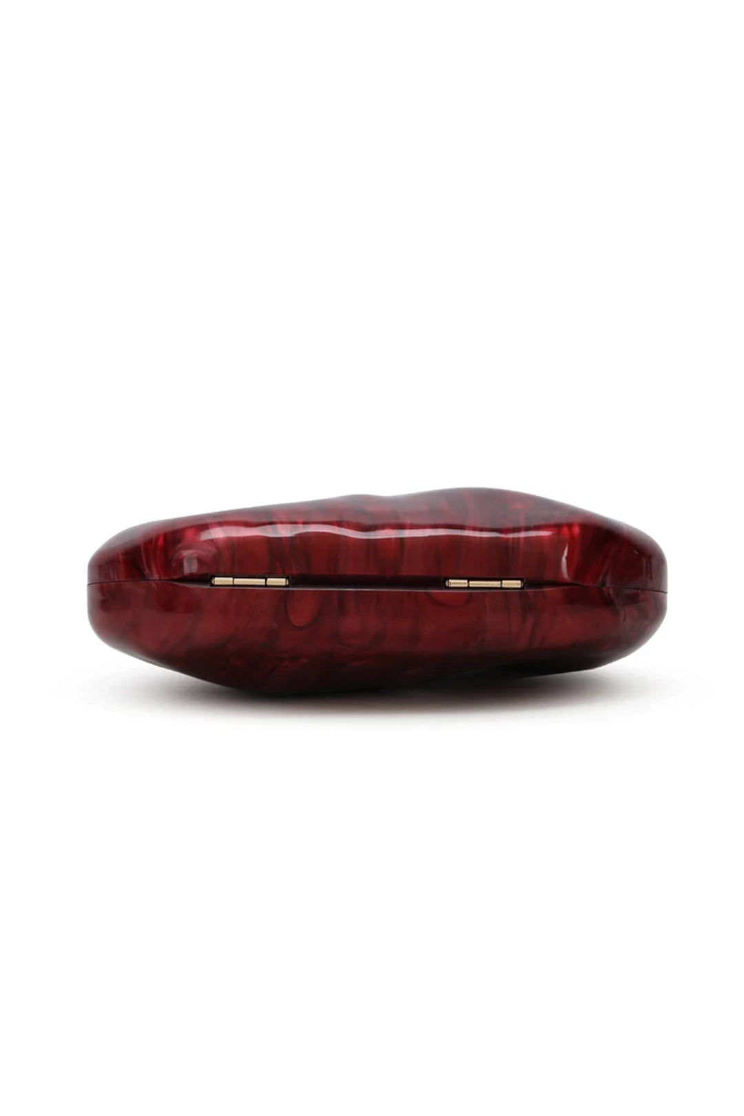Burgundy oval clutch bag with gold bar clasp on top