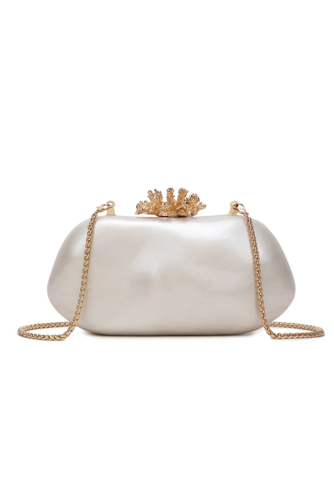 Ivory box clutch bag with gold chain straps and coral-style clasp
