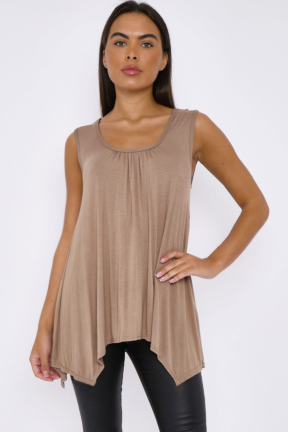 Mocha sleeveless tunic top with gathered neckline and asymmetric side hem