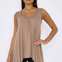 Mocha sleeveless tunic top with gathered neckline and asymmetric side hem