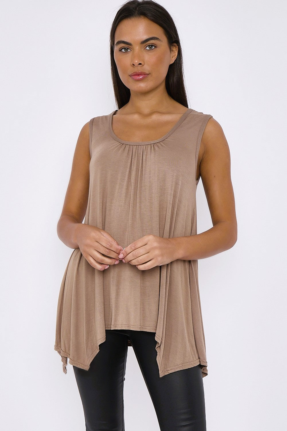 Mocha sleeveless tunic with gathered neckline and asymmetric draped hem