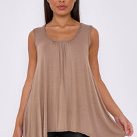 Mocha sleeveless top with gathered neckline and flowing asymmetric hem