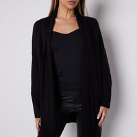 Black fringed shawl-collar cardigan with open front and long sleeves