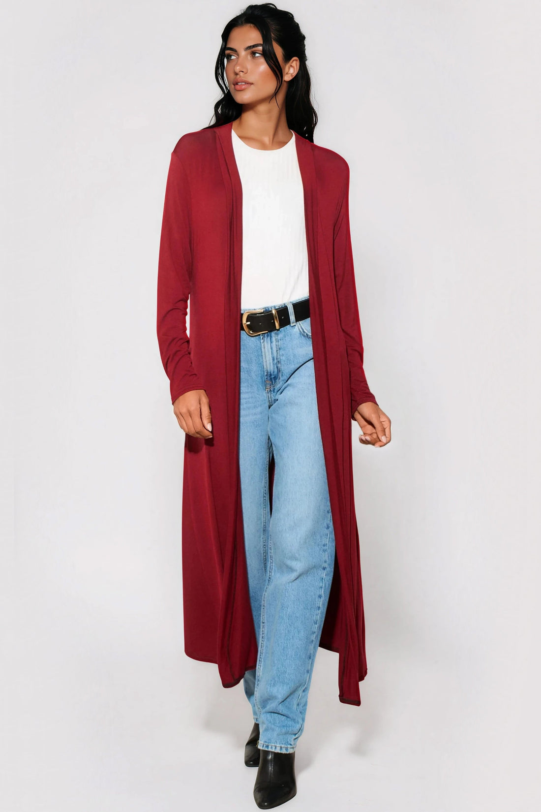Longline wine jersey cardigan with open front and long sleeves