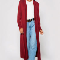 Longline wine jersey cardigan with open front and long sleeves