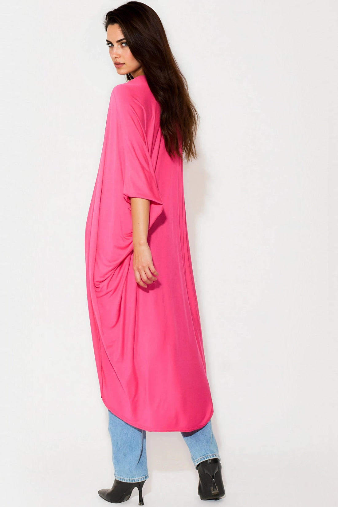 Fuchsia kimono cardigan, open front with batwing sleeves, side view