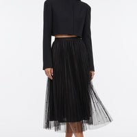 Black mesh midi skirt with faux pearl stud embellishments and layered tulle hem