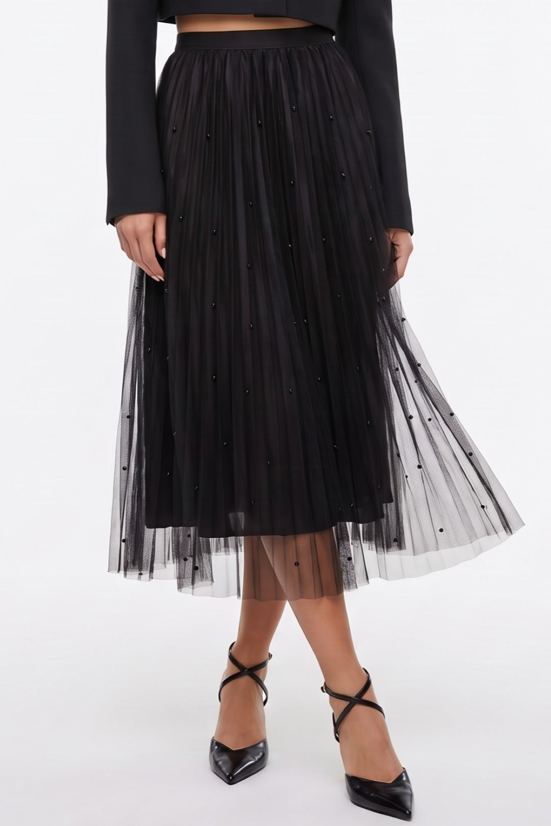 Black mesh midi skirt with faux pearl studs and sheer pleated layered hem