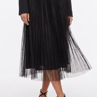 Black mesh midi skirt with faux pearl studs and sheer pleated layered hem