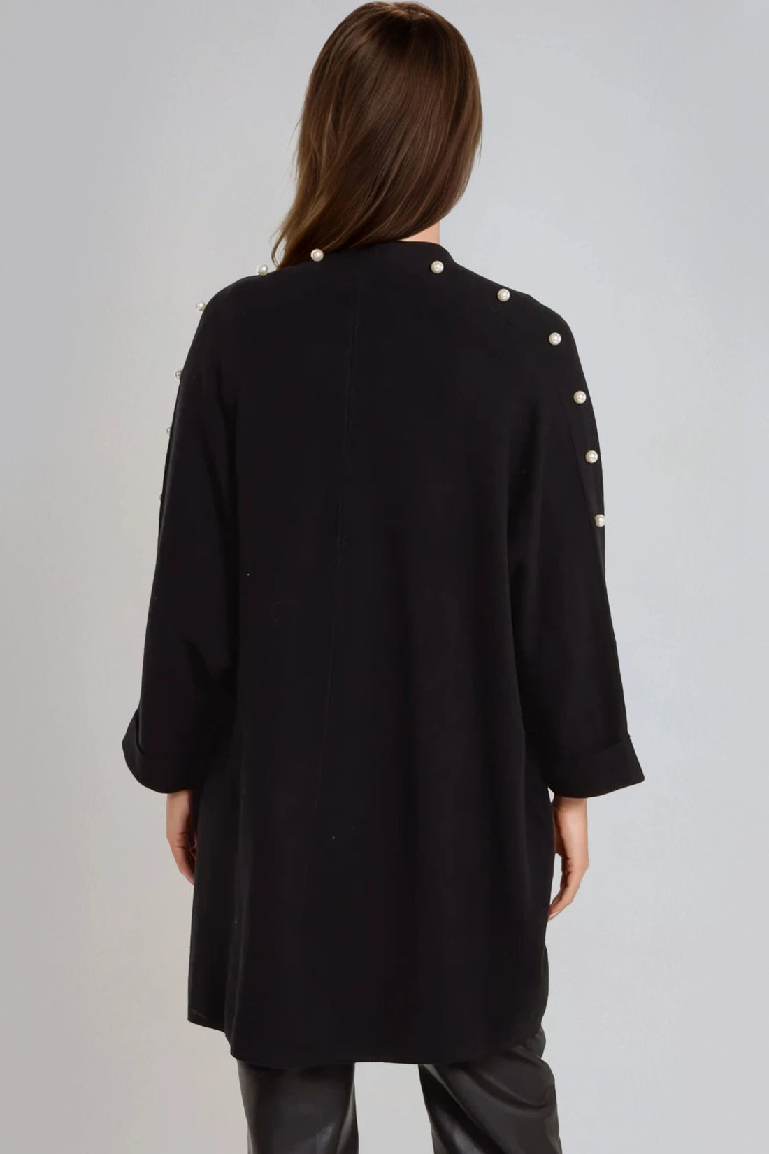 Black open-front cardigan back with pearl shoulder and sleeve accents