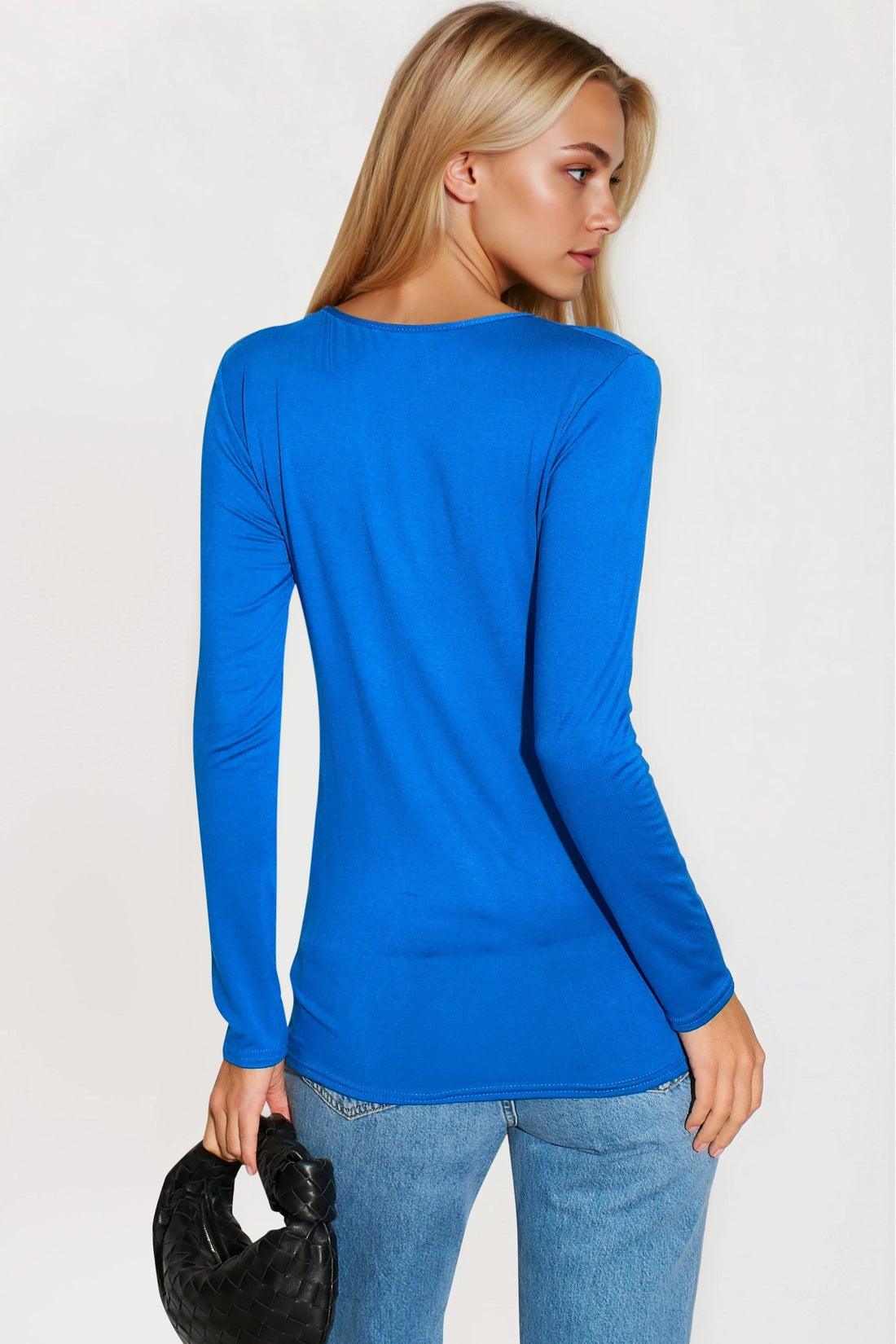 Royal blue round-neck long-sleeve top, back view with seam details