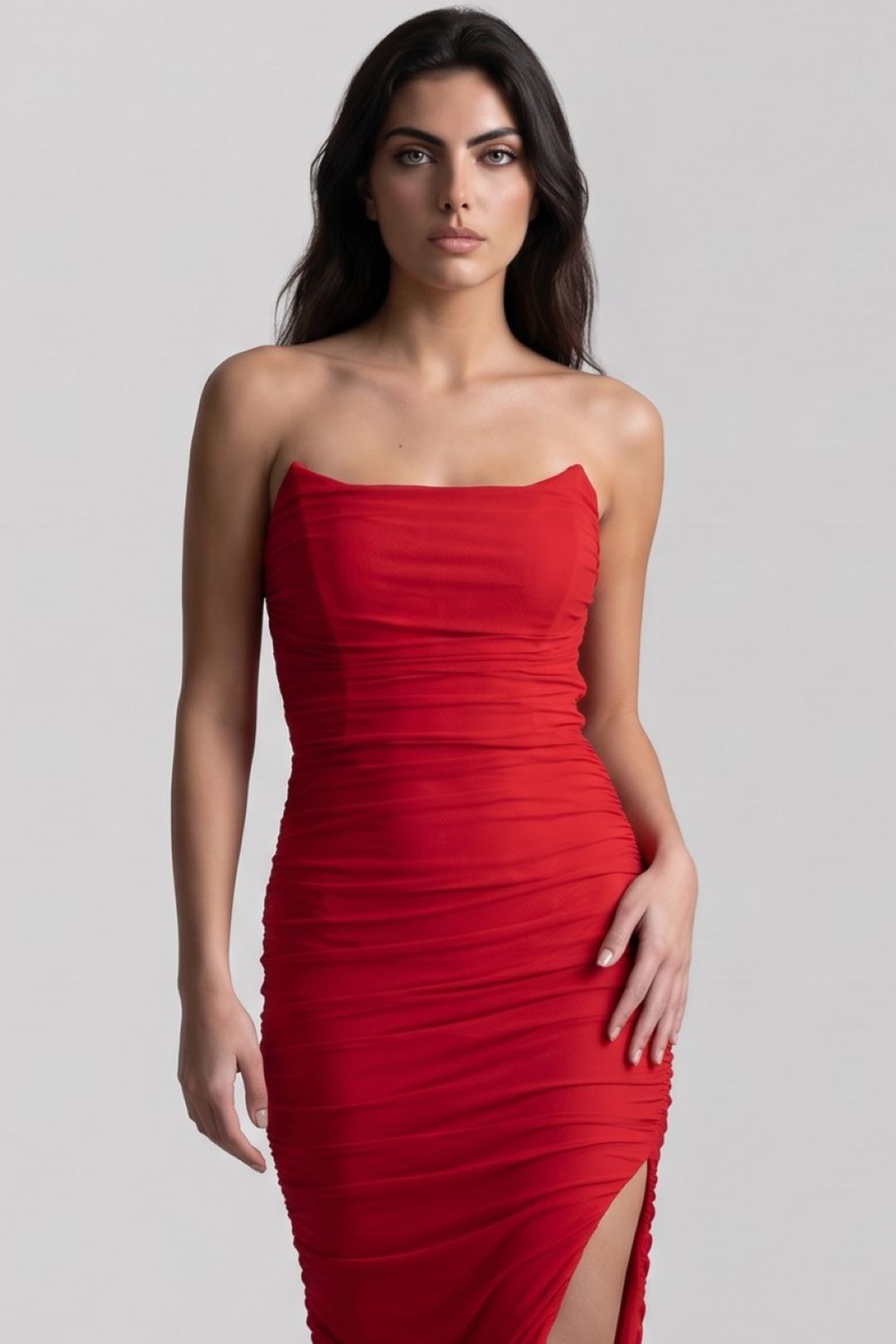 Red Strapless Ruched Maxi Dress with High Slit-1