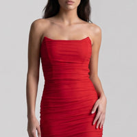 Red Strapless Ruched Maxi Dress with High Slit-1