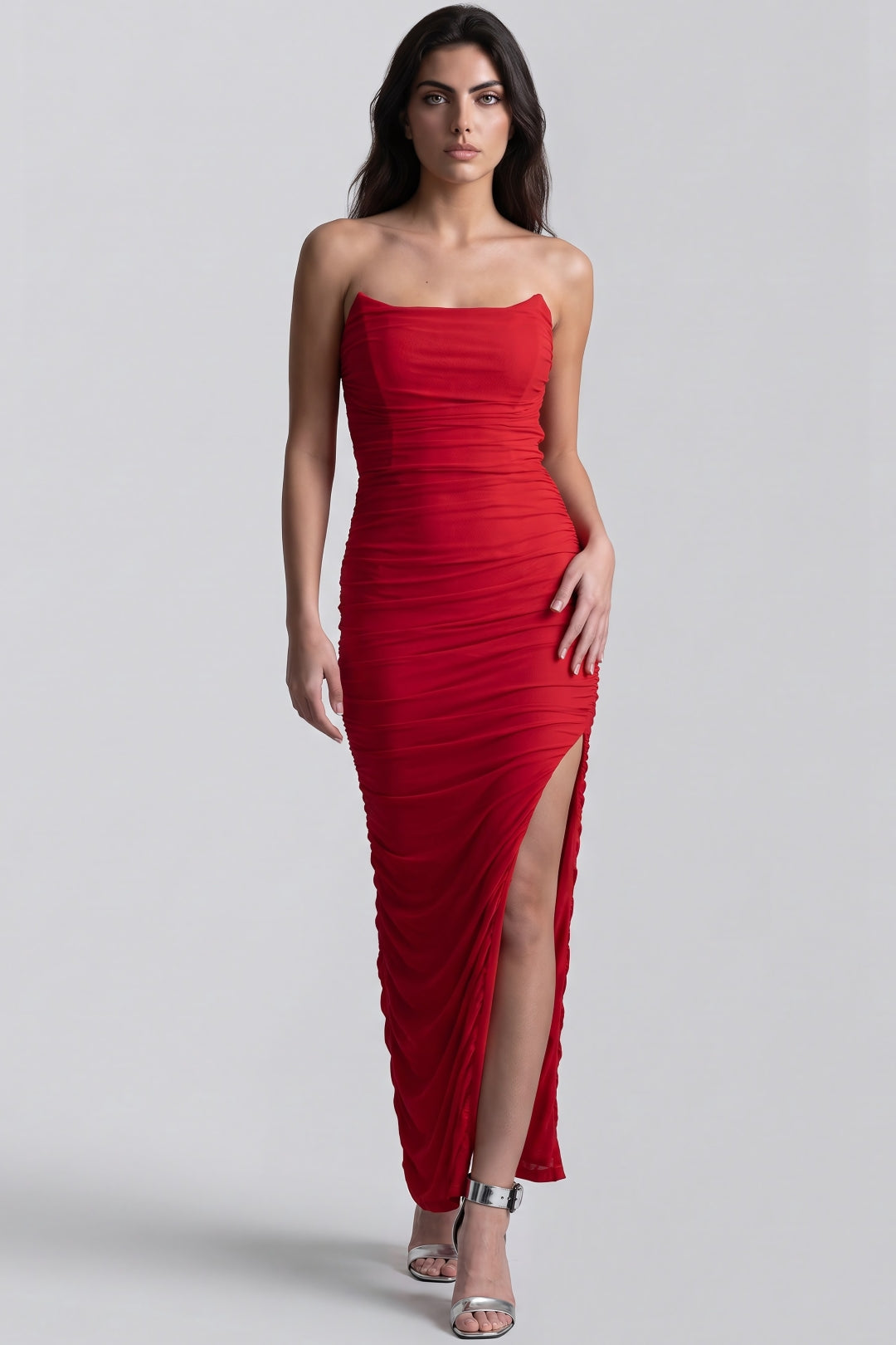 Red Strapless Ruched Maxi Dress with High Slit-2