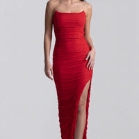Red Strapless Ruched Maxi Dress with High Slit-2