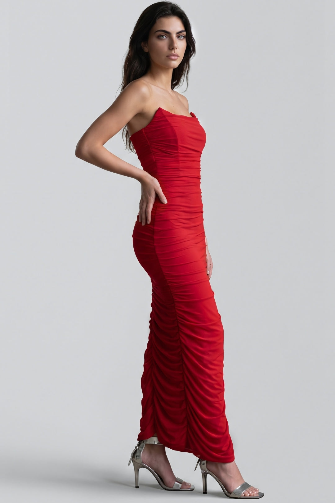 Red Strapless Ruched Maxi Dress with High Slit-3