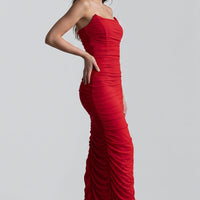 Red Strapless Ruched Maxi Dress with High Slit-3