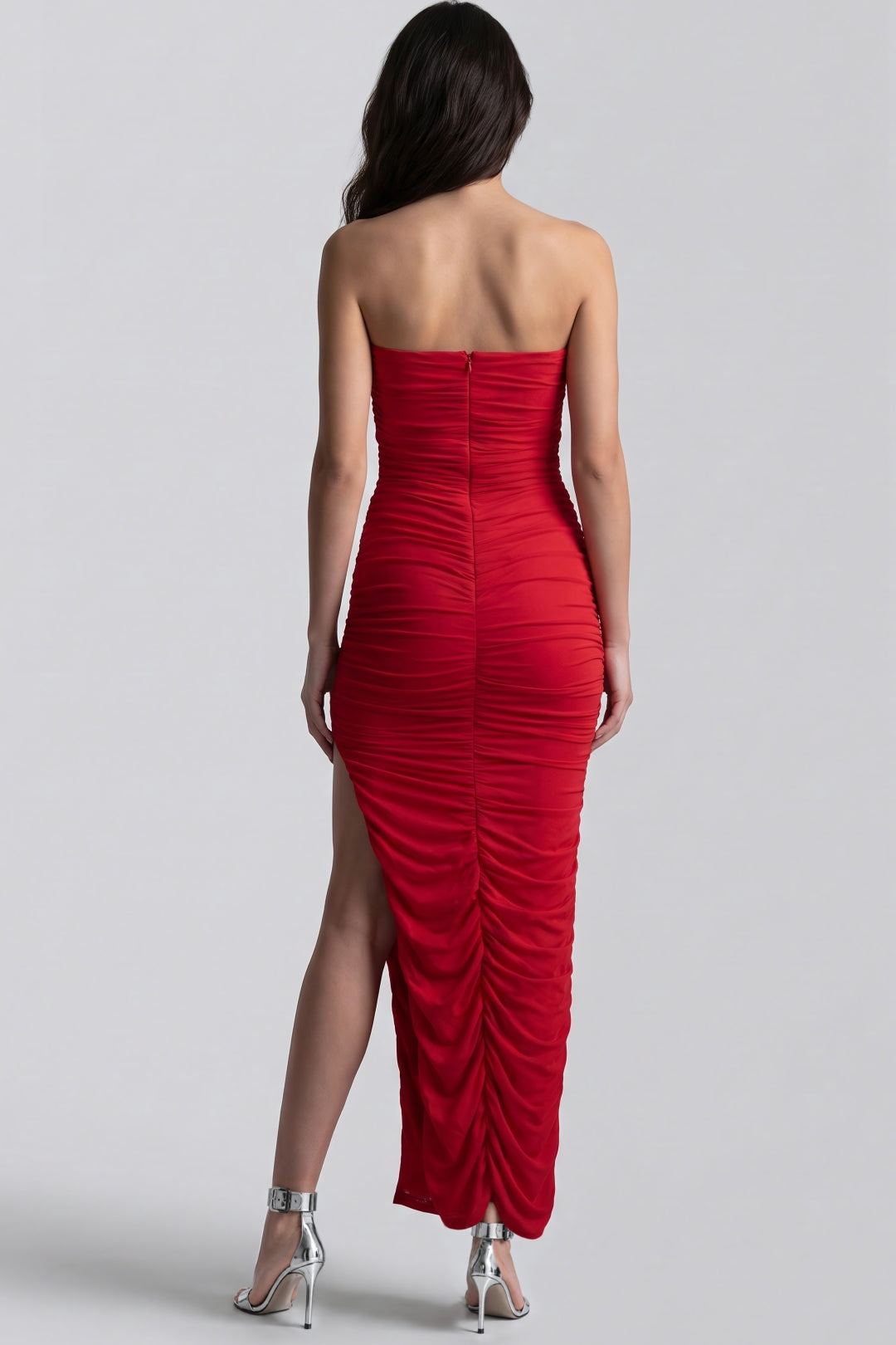 Red Strapless Ruched Maxi Dress with High Slit-4