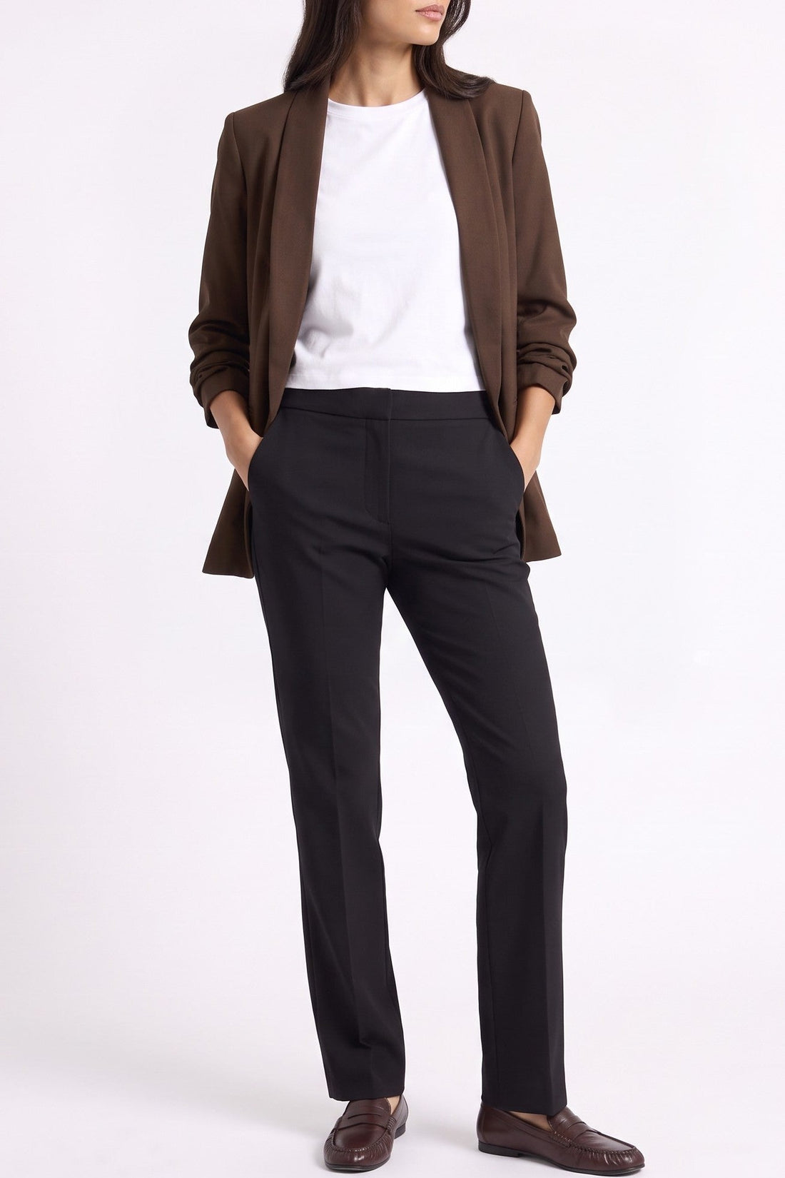 Brown open-front blazer with shawl collar and gathered sleeve cuffs