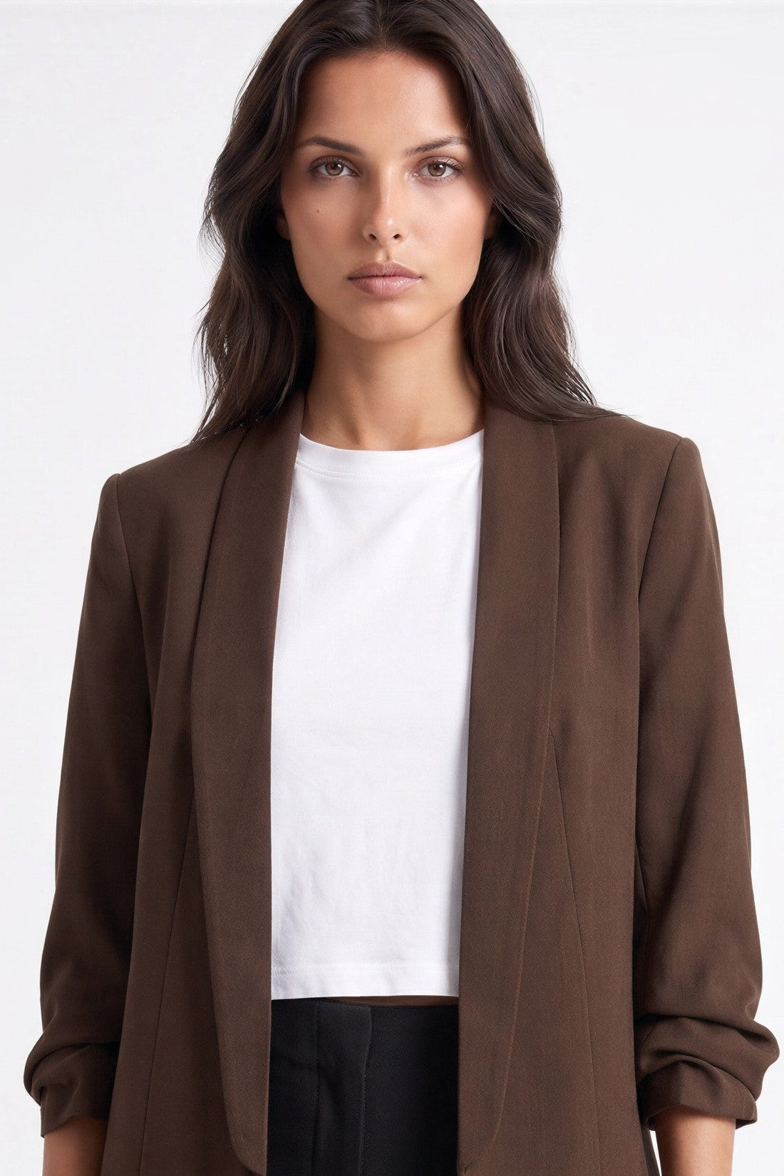 Brown shawl-collar blazer with ruched sleeves and open front
