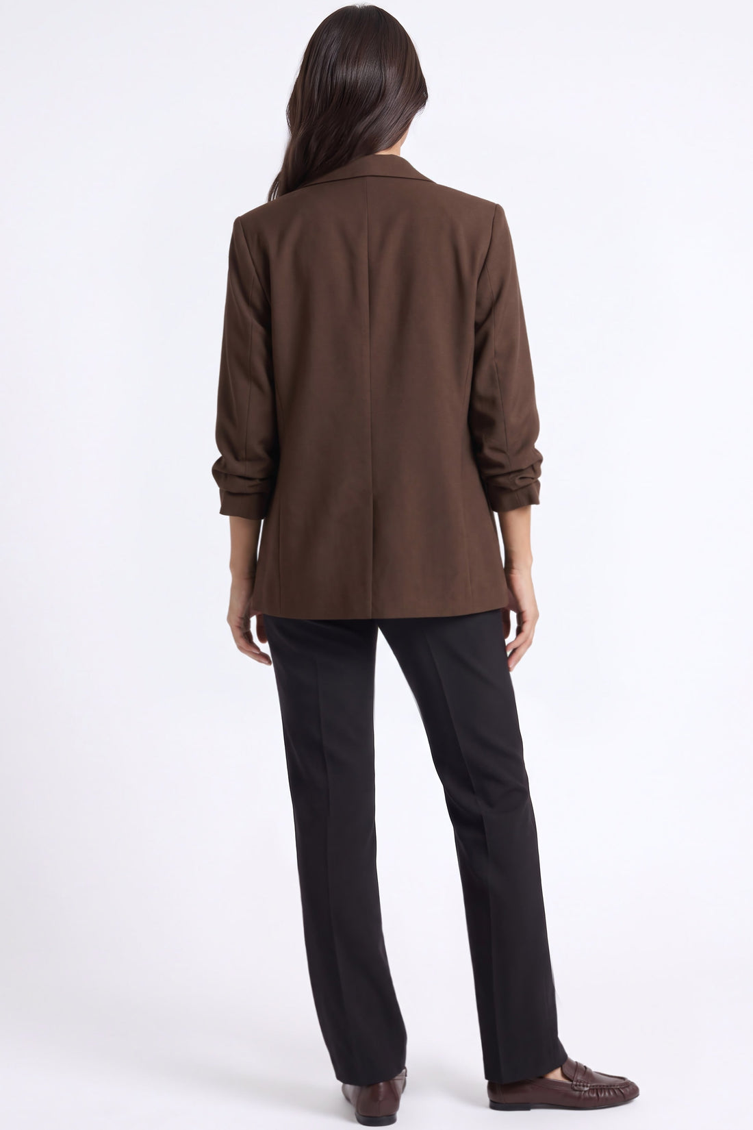Brown open-back blazer with shawl collar style and ruched sleeve detailing