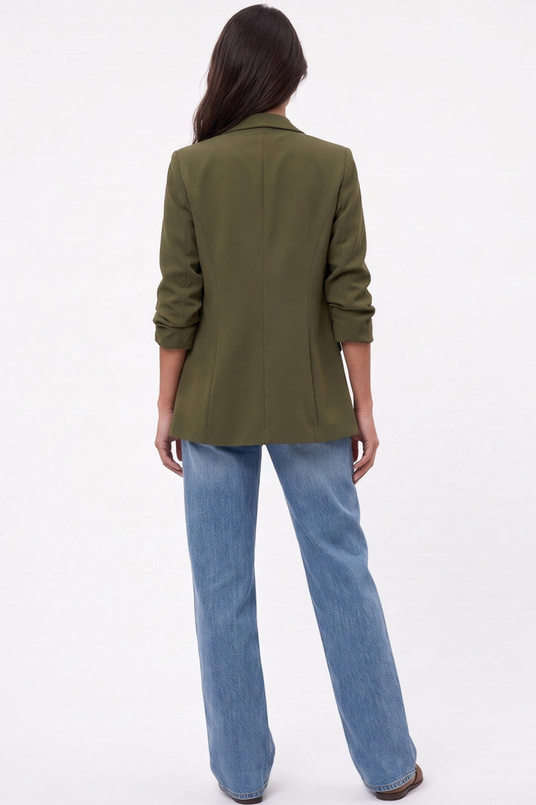 Olive khaki open-front blazer, ruched sleeves, back view