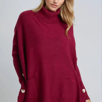 Burgundy Roll Neck Jumper Poncho With Side Buttons-0