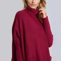 Burgundy Roll Neck Jumper Poncho With Side Buttons-1
