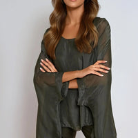 Charcoal Silk Batwing Sleeve Round Neck Blouse-0