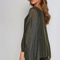 Charcoal Silk Batwing Sleeve Round Neck Blouse-1
