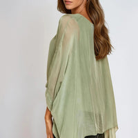 Khaki Silk Batwing Sleeve Round Neck Blouse-1