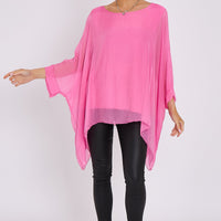 Pink Silk Batwing Sleeve Top Blouse-0