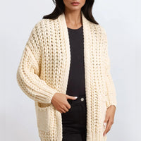 Cream Chunky Knit Cardigan With Pockets-0